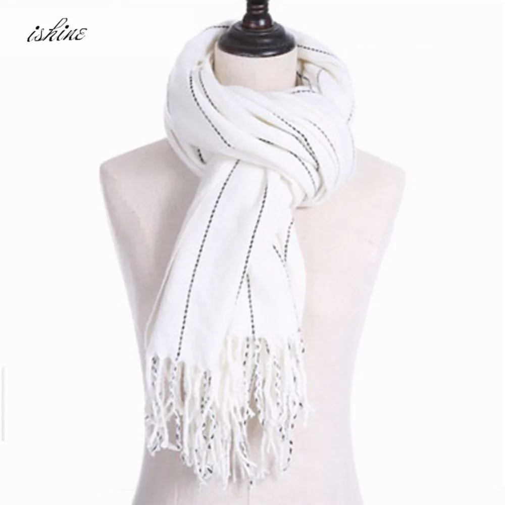 Дешевые унисекс полосы кисточкой шарф белый имитация кашемира утолщаются