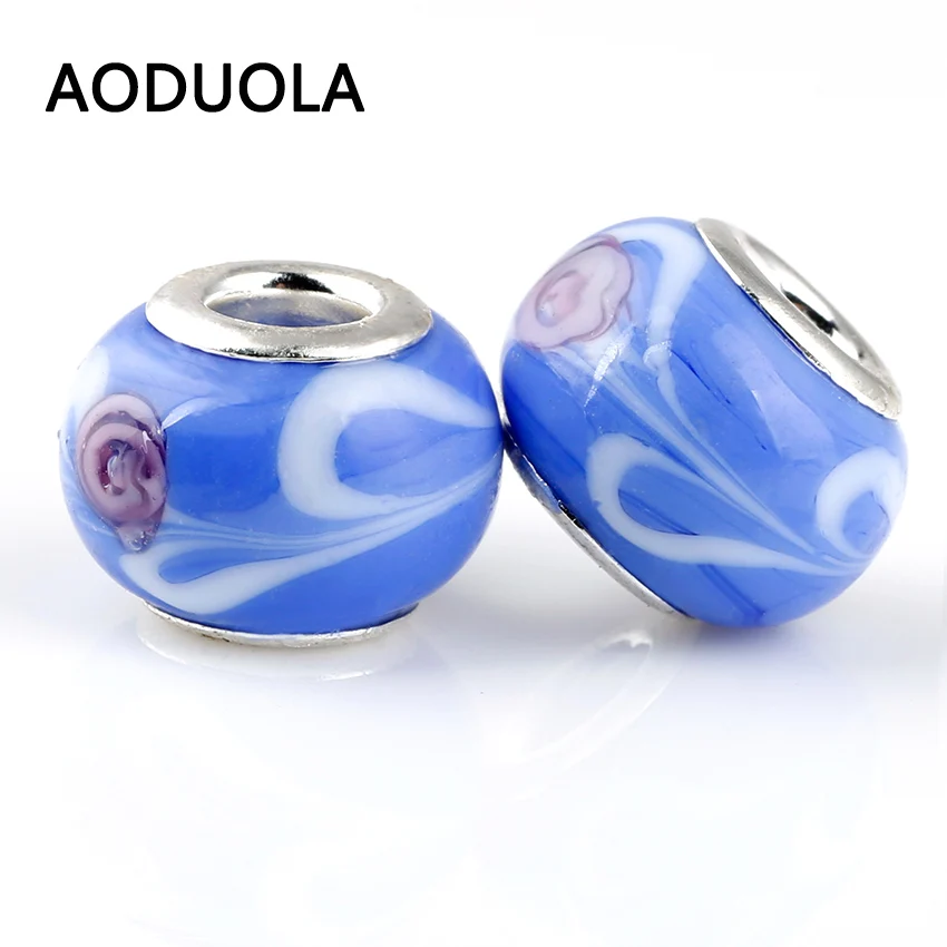 10 шт. в комплекте стеклянные бусины небесно-голубого цвета с розовым цветком