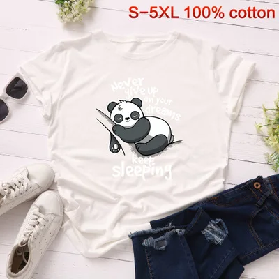 Модная Милая футболка с пандой, S-5XL, хлопок, круглый вырез, принт с буквами, Милая футболка для женщин, летний женский топ, черная, розовая, белая футболка - Цвет: white