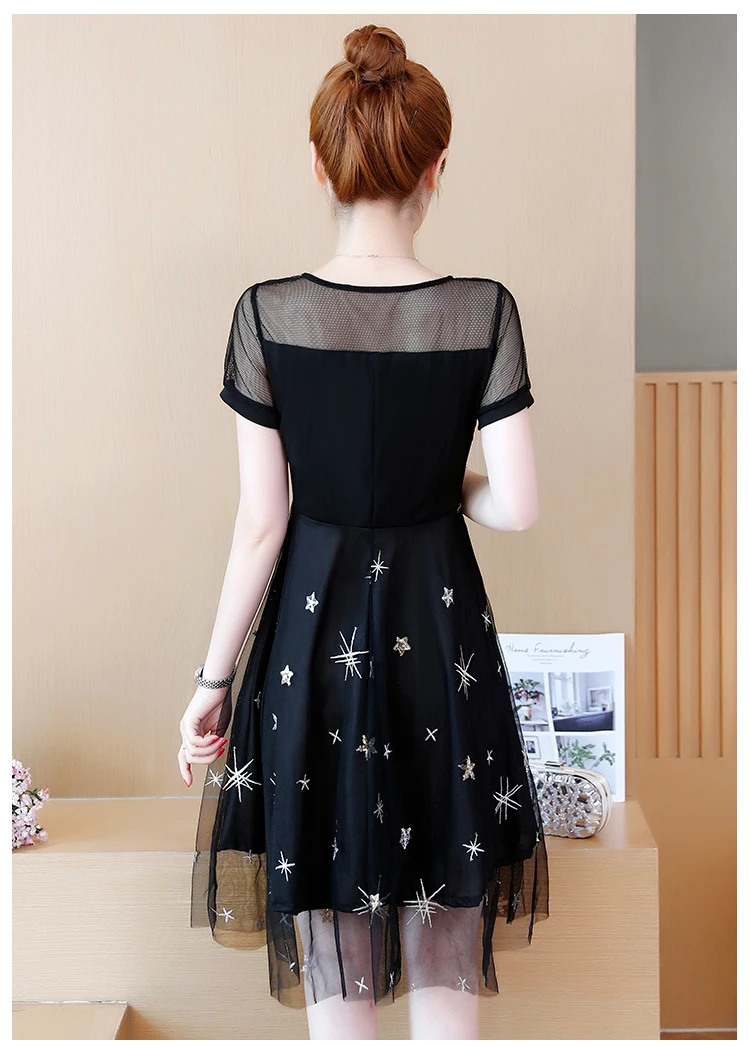 women woman ladies mesh embroidery Embroidered Patchwork big plus size L-5XL XXL XXXL 3XL XXXXL 4XL 5XL slim A-Line Skater dress | Женская