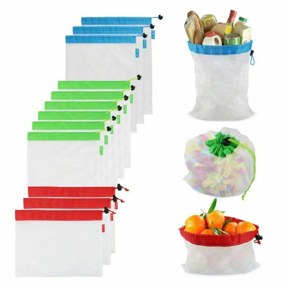 

Durable 12pcs/set Portable Reusable Produce Mesh Bag Rope Vegetable Fruit Toys Storage Pouch Bag For Home Kitchen Supplies
