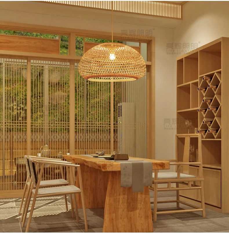 Round Bamboo Wicker Rattan Shade Pendant Light Fixture Nordic Scandinavian Rustic Japanese Hanging Ceiling Lamp E27 Bulb 220V