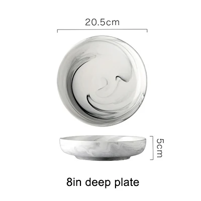 8in deep plate 1Pce скандинавские керамические наборы посуды креативная мраморная текстура обеденная тарелка десерт закуски стейк блюдо рисовая чаша соус блюдо прочный - Цвет: 8in deep plate