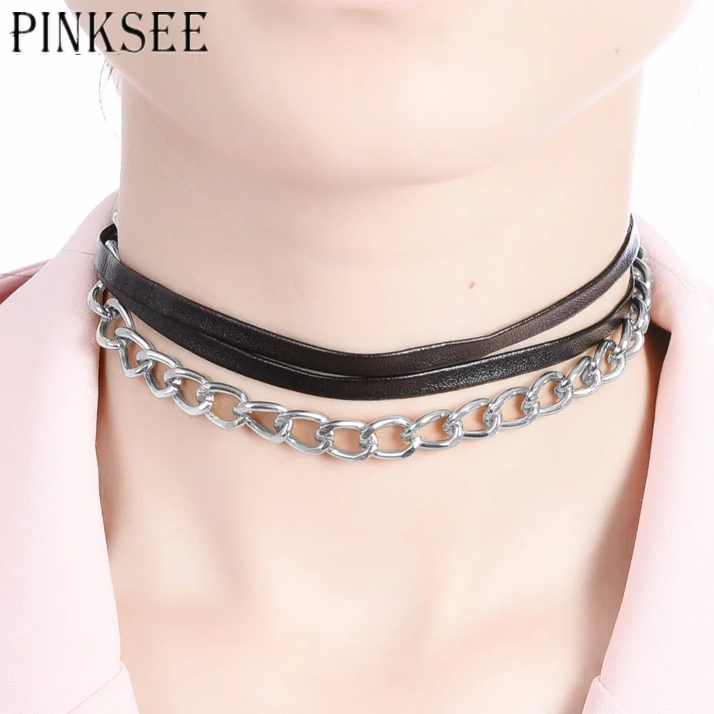 PINKSEE Chokers Necklace Women 2017 Popular Gothic Black Leather Necklaces Alloy Chain Charm Jewelry bijouterie | Украшения и