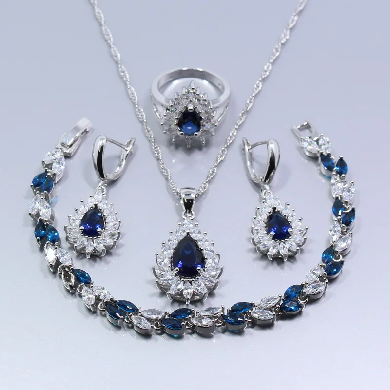 Безупречный Серебряный цвет 4 шт женский ювелирный набор голубой циркон белый