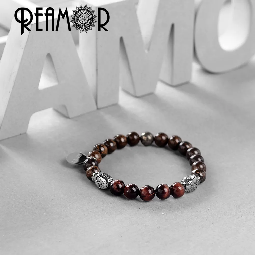 REAMOR новый браслет из нержавеющей стали с черепом натуральный бронзит