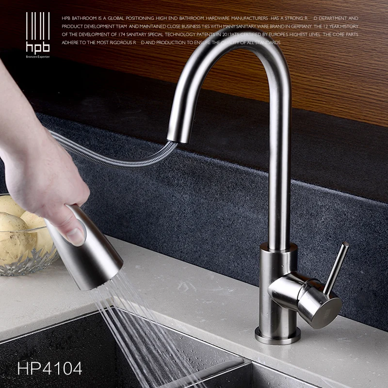 

Modern Brushed Nickel and Chrome Finish Hot and Cold Kitchen Faucet Pull Out Single Handle Swivel Spout Vessel Sink Mixer Tap