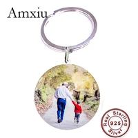 amxiu handmade 925 sterling silver keychains personalized name photo key chains custom jewelry round pendant keys accessories