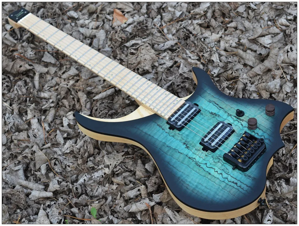 Электрическая гитара без головы модель синего цвета волнистый клен в наличии