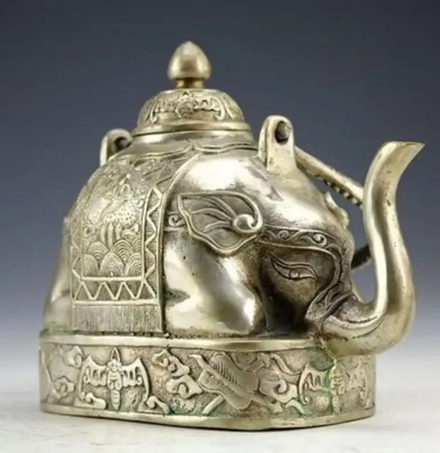 Exquisite Chinese Classical Miao Silver Elephant Shape Auspicious Teapot