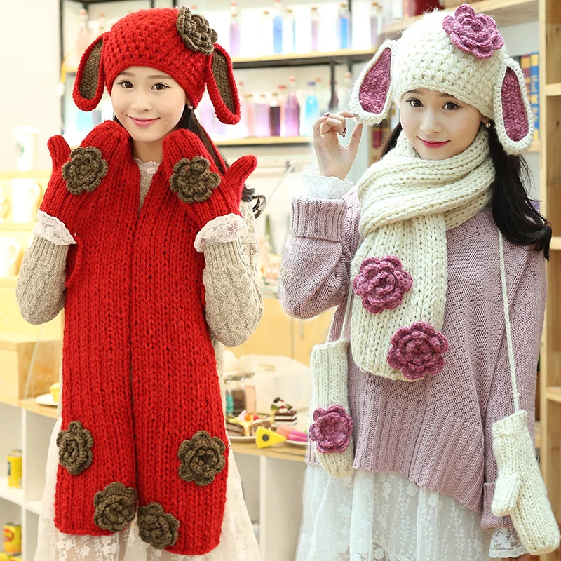 3 шт. детские вязаные шапки шарф и перчатки с ушками кролика|scarf glove|hat scarf glovesknitted hat