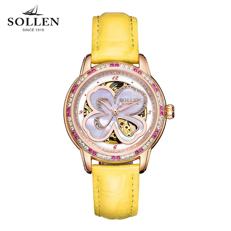 Orologio Donna Элитный бренд SOLLEN Скелет Для женщин часы в форме счастливого клевера для