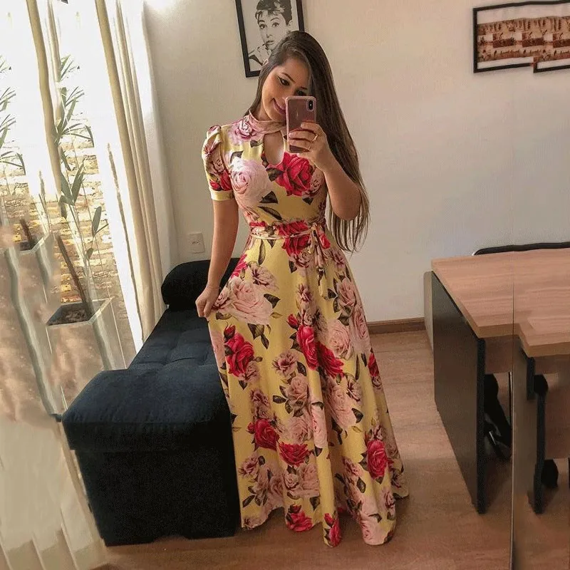 5Xl Весна Лето Длинное Платье женское с коротким рукавом цветочным принтом