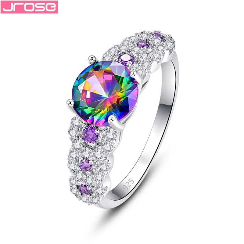 

JROSE Romantic Fashion Wedding Jewelry Silver Rings for Women Big Multicolor Red Round Cubic Zircon bague femme argent 925