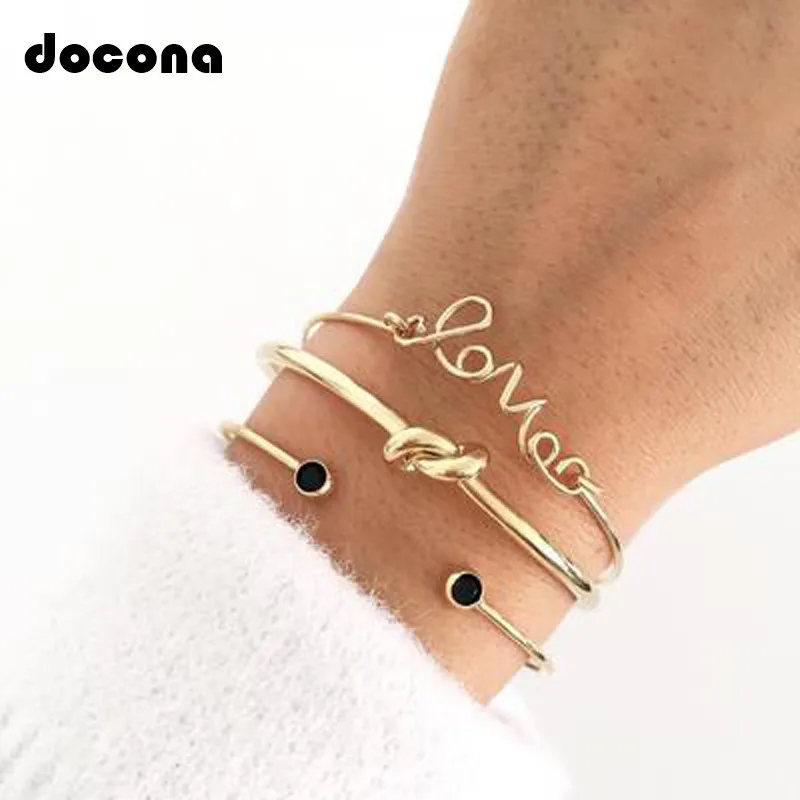 

Docona Bohemian Gold Color Knot Letter Bangle Bracelet Set for Women Open Adjustable Bracelet Boho Jewelry 3pcs/1set 6387