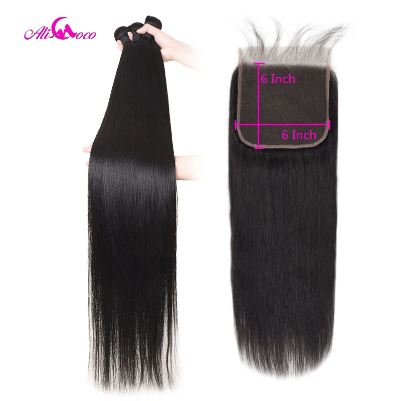 

Ali Coco Brazilian Straight Hair Bundles with 6x6 Closure Remy Human Weave Deals with Closure Silky 30 32 34 36 38 40 Inch Hair