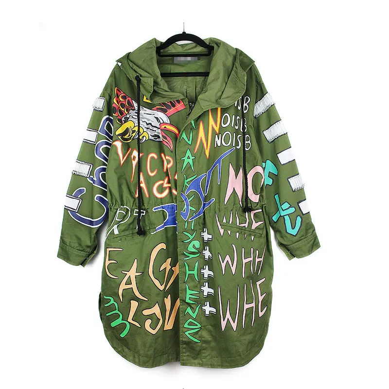 Пламя Печати Письма Граффити Пальто С Капюшоном Хлопка Траншеи Женщина Casaco Весна