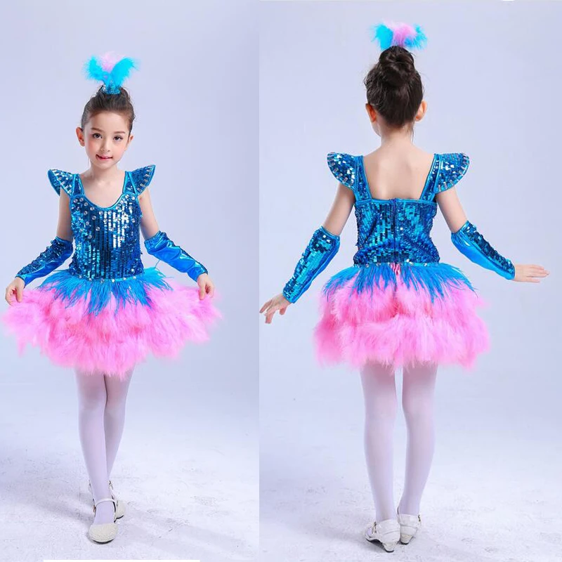 Blue Pink New kids ballroom dress dance costumes Girls Sequined jazz hip hop dancing For Child Stage Party Outfits | Тематическая