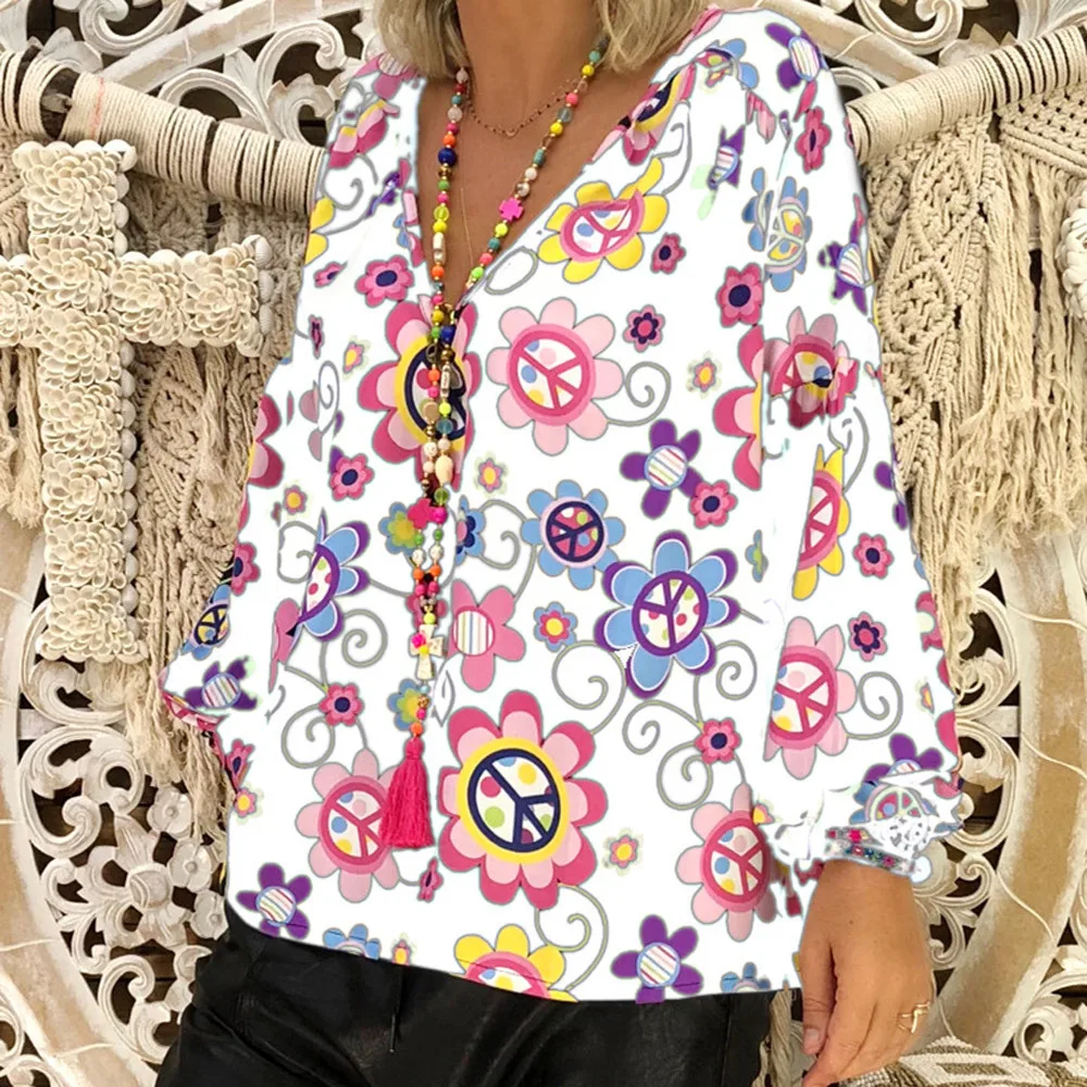 Женская блузка с длинным рукавом и цветочным принтом|Блузки| |