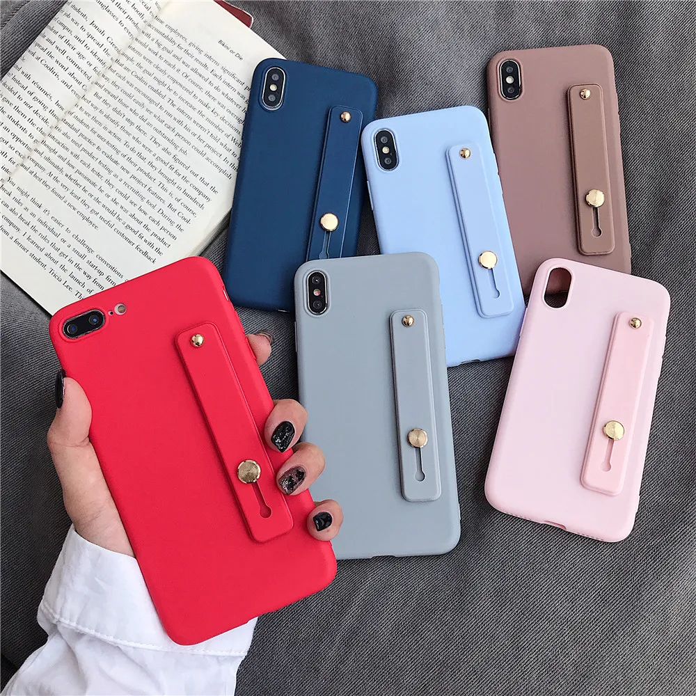 Bracket Wrist Strap Candy Color TPU Soft silicone Cover Coque on for iPhone 5 5S SE 6 6S 7 8 Plus X XR XS Max case fundas |