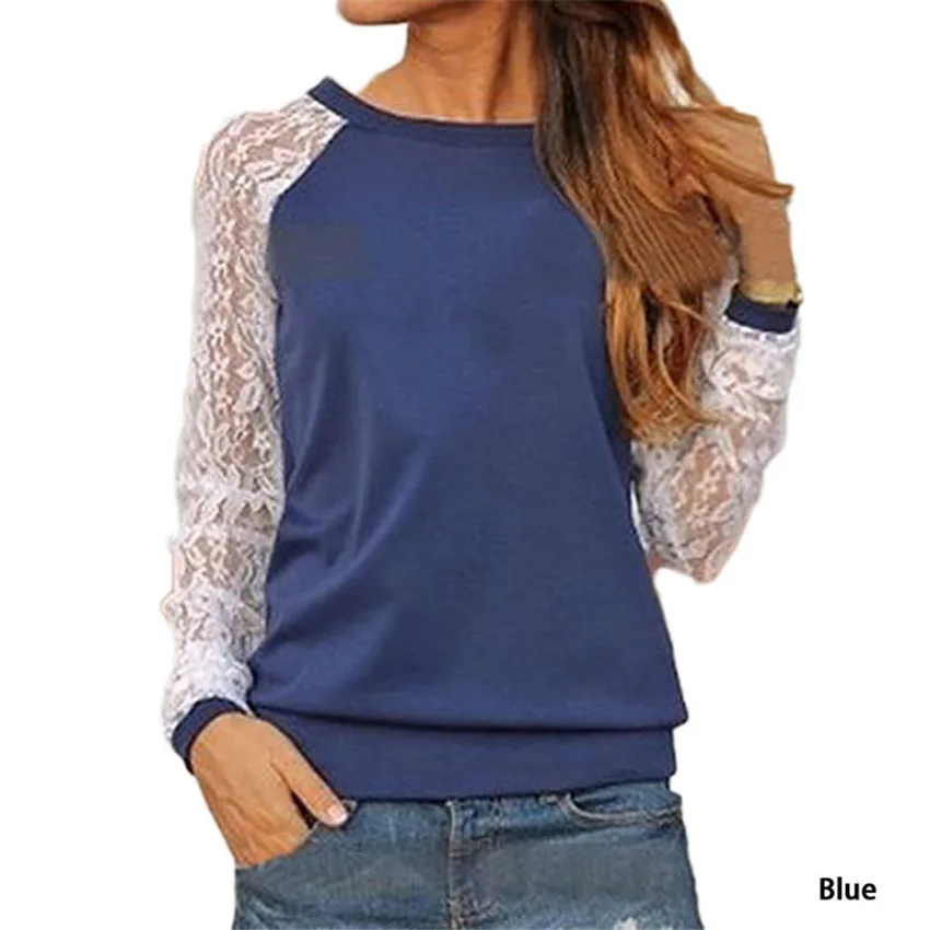 Blusa Feminina 2015 Women Casual Long Sleeve Lace Blouse Shirt O Neck Tops Solid Blouses Shirts Plus Size XXL |
