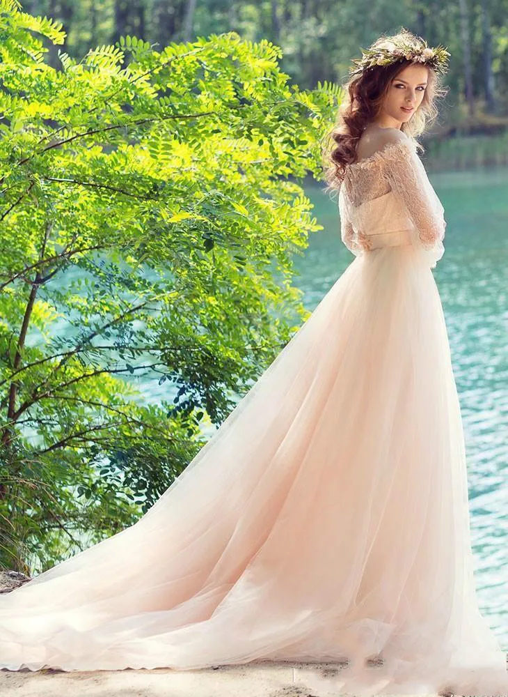 Bonjean розовый тюль кружева Пляжные Свадебные платья 2019 страна Стиль халат де mariée с