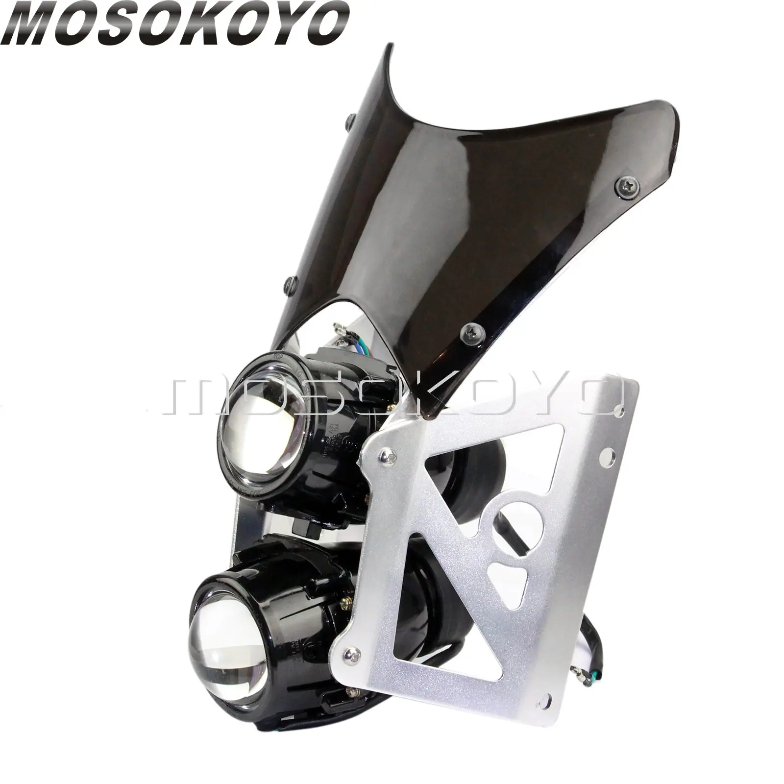sliver holder screen Уличный мотоцикл на заказ двойная фара 2x55 w H3 проектор свет с серебряным кронштейном держатель для Yamaha Suzuki KTM Duke - Цвет: sliver holder screen
