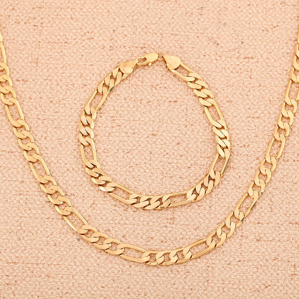 Hot Fashion Gold Color Jewelry Men Necklace Set Wholesale Trendy Figaro Chain Bracelet | Sets