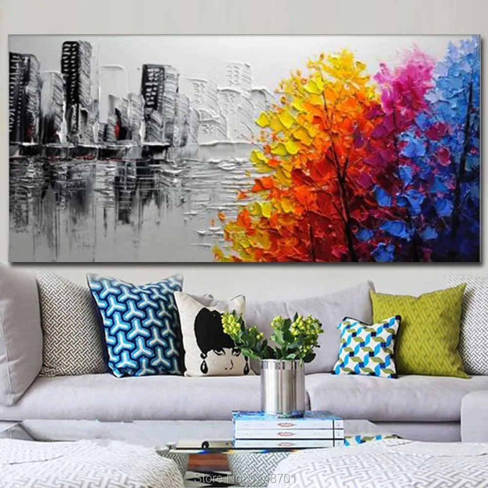 

Unframed Thick Hand Painted Oil Painting Canvas Abstract Color and Grey Palette Knife Landscape Pictures Living Room Home Decor