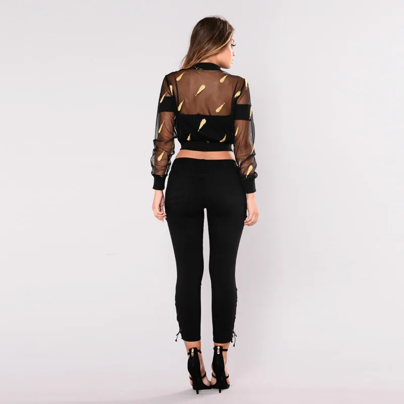 Модные перспектива вышивка Куртки перо узор осень короткое Сетчатое ночной клуб