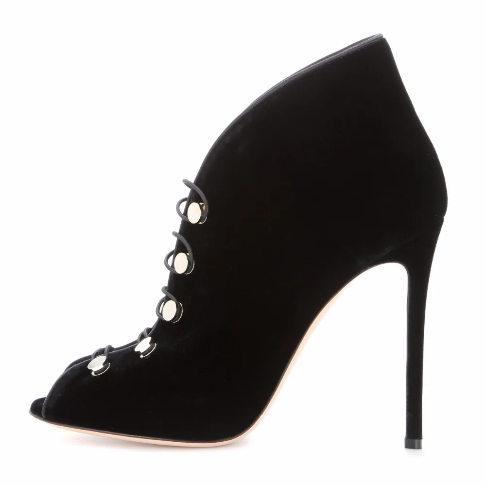 Женские ботинки на высоком каблуке синие бархатные с открытым носком черные