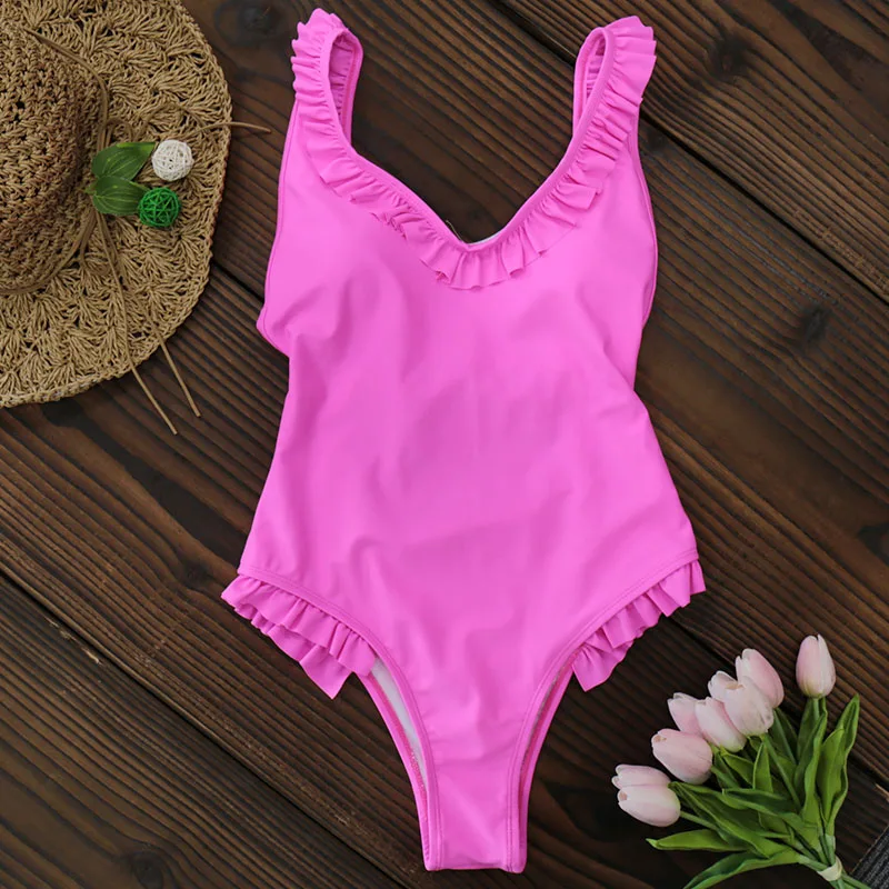 2018 г. Новые пикантные плечо рюшами Одна деталь купальник Для женщин Холтер Push Up