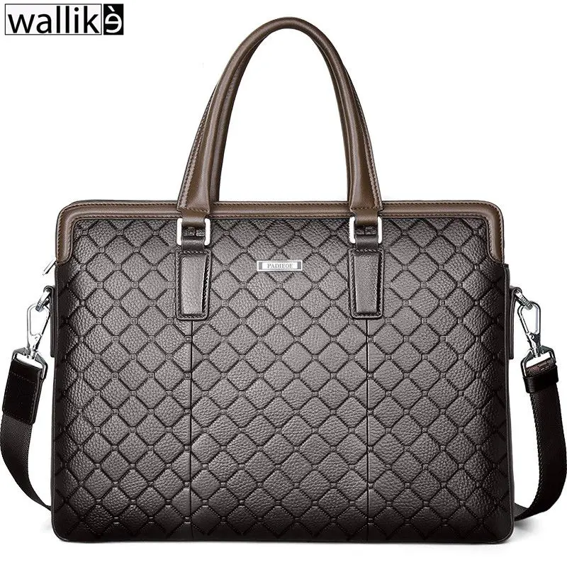 Мужской Клетчатый портфель Wallike из натуральной кожи для ноутбука 14 дюймов сумка