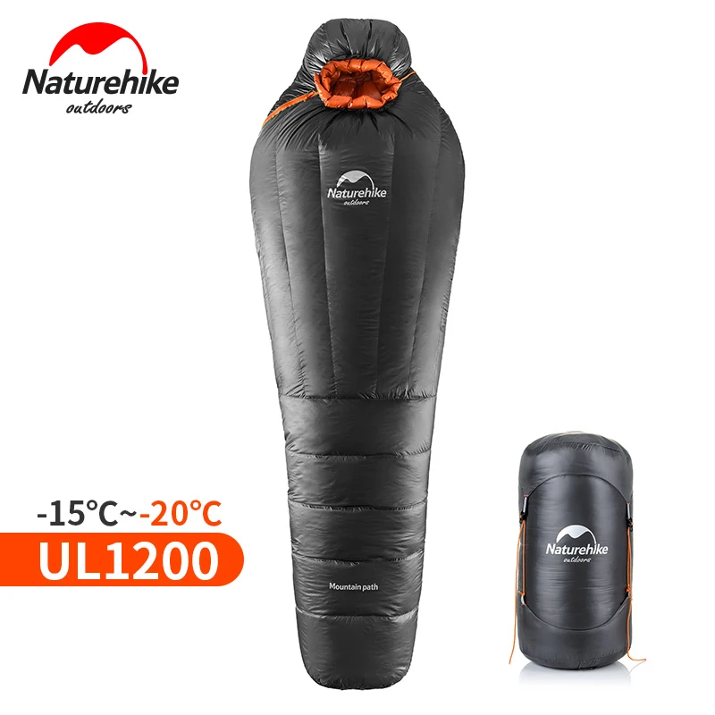 1200g Black NatureHike сверхлегкий спальный мешок с 90% белым утиным пухом для мам, Сверхлегкий удлиненный спальный мешок для взрослых в холодную погоду на-15~-20 градусов - Цвет: 1200g Black
