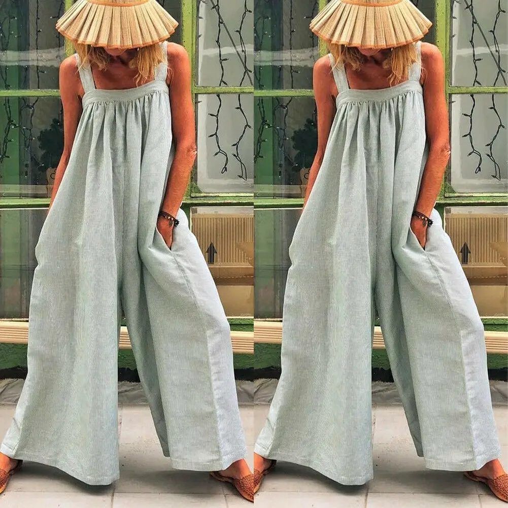 Gray Women Loose Baggy Jumpsuit Dungarees Playsuit Romper Ladies Casual Wide Leg Trousers Summer Holiday Clothing - Color: Gray