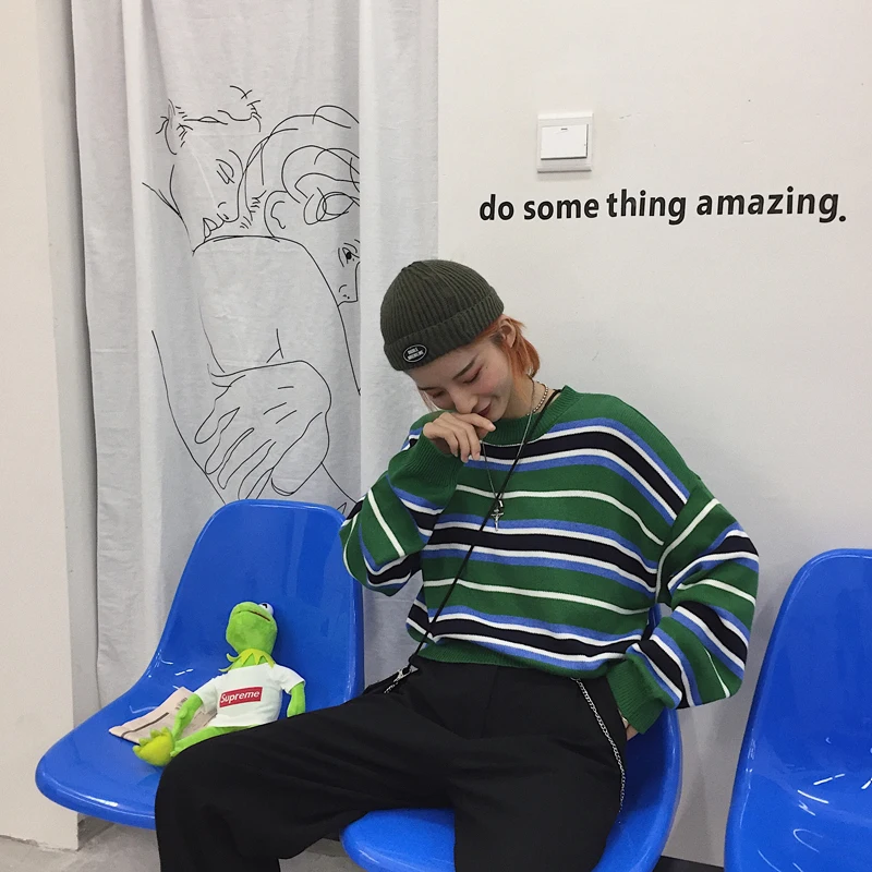 Женская одежда, осенняя уличная одежда, новинка, ulzzang, корейская мода, Harajuku, обшитый панелями зеленый полосатый Свободный пуловер с длинным рукавом, свитера