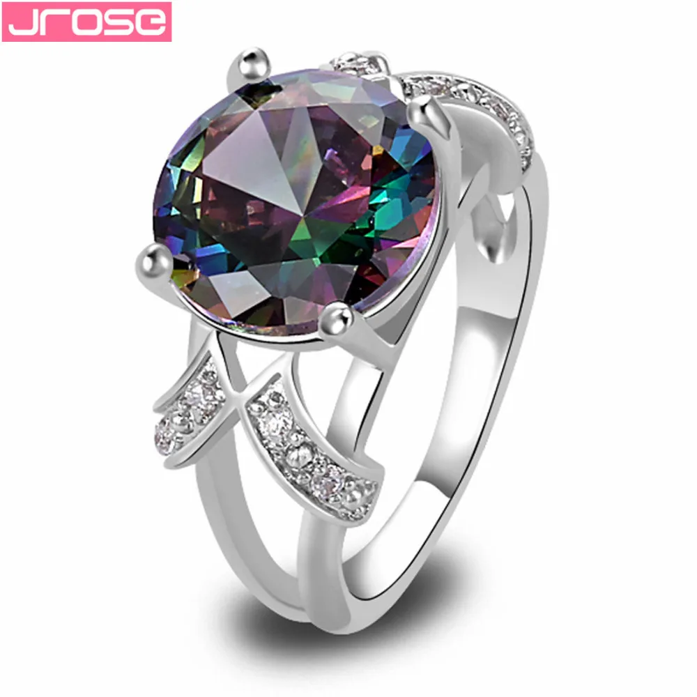 

JROSE Noble Created Rainbow & White CZ Silver Color Ring Size 6 7 8 9 10 11 12 13 Party Jewelry For Women Men Gift Wholesale