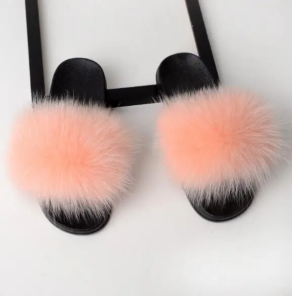 Fox Fur Rubber Pink Тапочки из лисьего меха; женские домашние пушистые тапочки; Плюшевые Пушистые летние туфли на плоской подошве; Милая женская обувь; Лидер продаж; милая обувь; большой размер 45 - Цвет: Fox Fur Rubber Pink