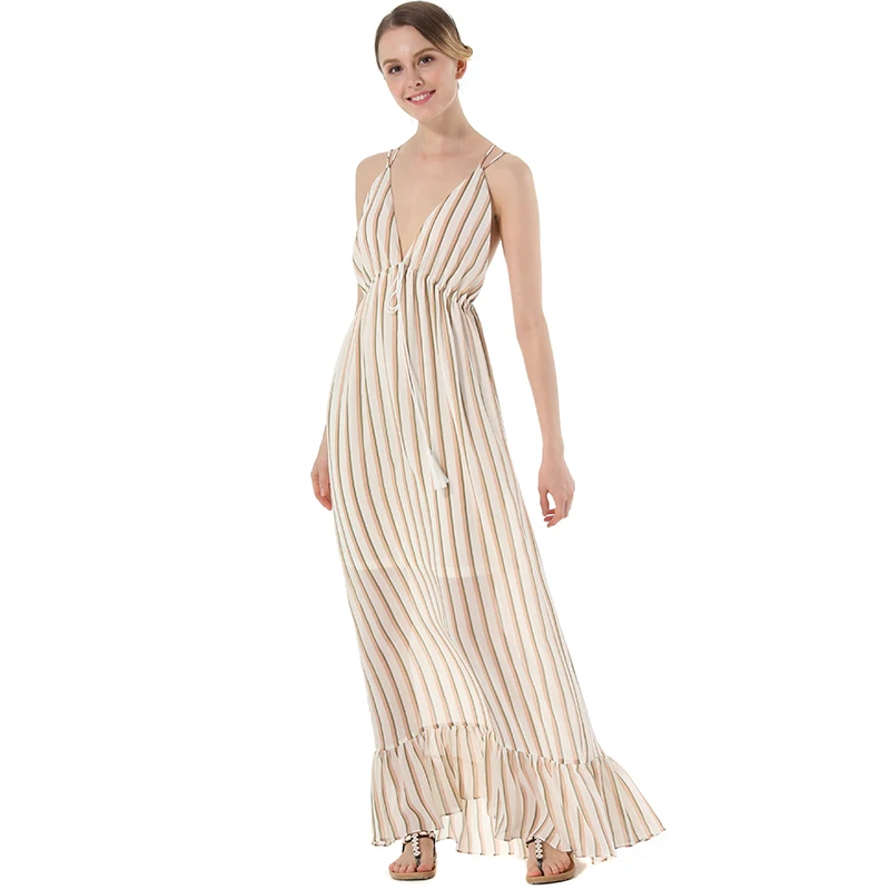 Богемное длинное платье с глубоким v-образным вырезом модное Полосатое