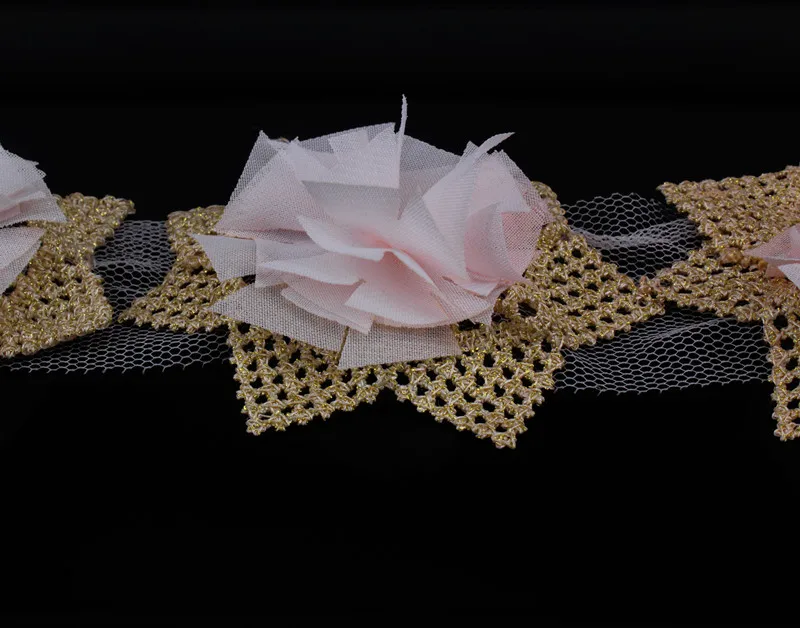 10 ярдов золотые розовые цветы Кружевная аппликация вышивка гипюр ткань лента