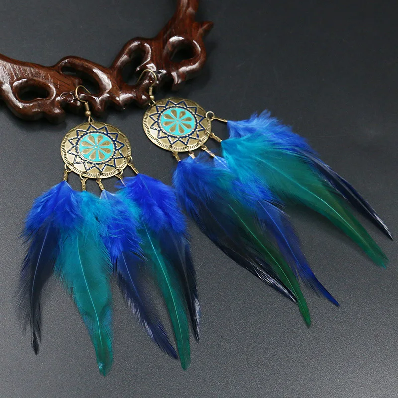 Feather Dangle Earrings For Women Tassel Long Hanging Drop Female Blue Bohemia Fashion Party Jewelry Ear Decoration | Украшения и