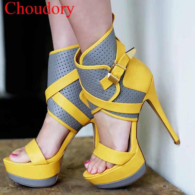

Summer Platform Perforation patched Peep Toe Metal Buckle Sandals Boots Gladiator Sexy Stiletto High Heel Botties Shoes Woman