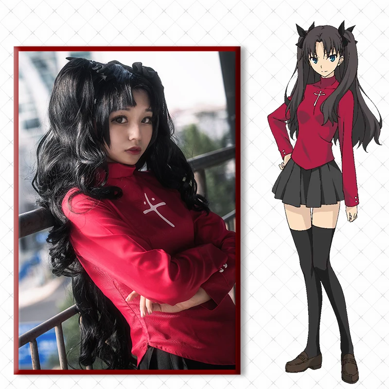 Fate/Stay Night Fate/Zero Tohsaka Rin Косплей Костюм красная водолазка рубашка черная плиссированная юбка ожерелье обувь Туфли-лодочки шпилька носки