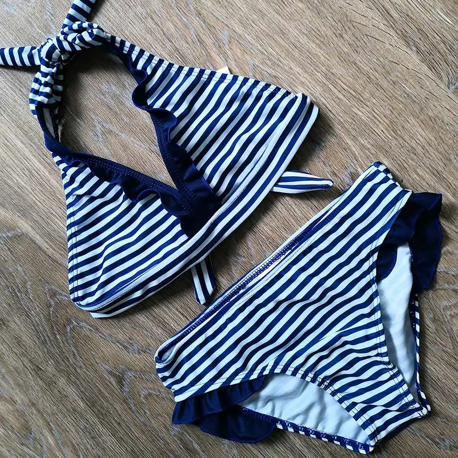 Женские полосатые детские купальники комплект бикини для девочек топ с