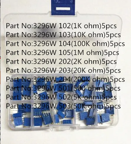 

50Pcs/Lot 3296W Multiturn Trimmer Potentiometer Kit High Precision 3296 Resistor 1K 10K 100K 1M 2K 20K 200K 500 5K 50K