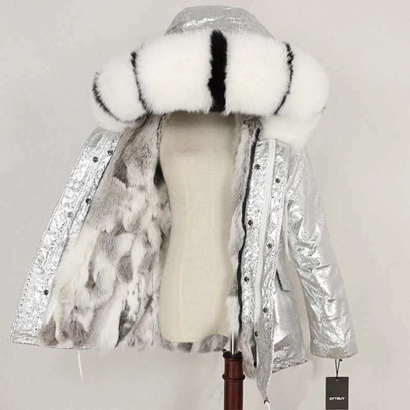 silver white stripe Зимняя женская куртка, пальто с натуральным мехом, парка с воротником из натурального меха енота, Толстая теплая подкладка из кроличьего меха, уличная одежда, новинка, повседневная одежда - Цвет: silver white stripe