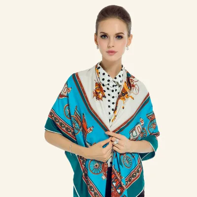 light blue Саржевый Шелковый женский шарф евро классический винтажный каретка квадратные шарфы с принтом подарок бренд Роскошные брендовая шаль обертывания женский фуляр - Цвет: light blue