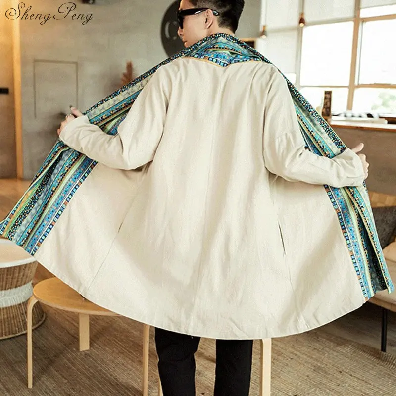 

Chinese Style Traditional Chinese Clothing for men Cotton and Linen Mens Coat Long Hanfu Long Sleeve Tops trenchcoat V1418