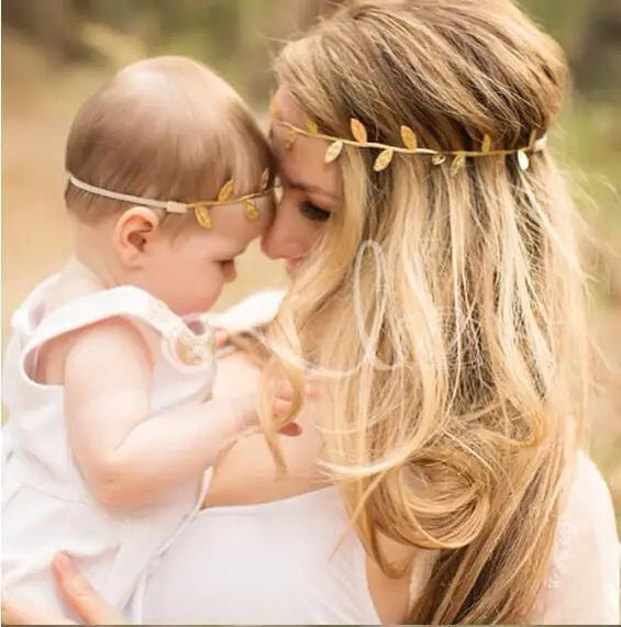 New Gold and Silver Leaves Girl Headband Parent-child Ladies Kids Elastic Head Bands Rubber Hairband Women Baby Hair Accessories |