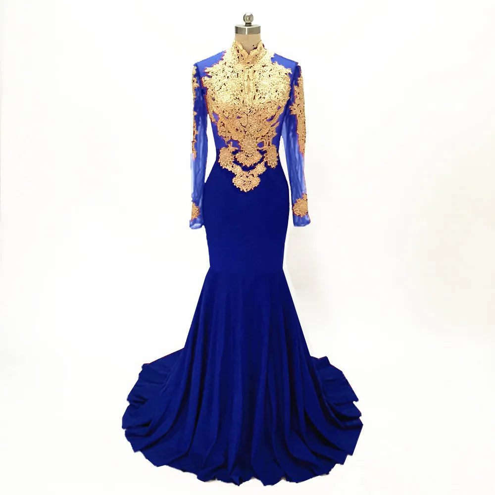 

Blue Satin Mermaid Prom Dresses Long Sleeves 2020 robe de soire Backless Lace Appliques Formal Evening Party Dresses For Women